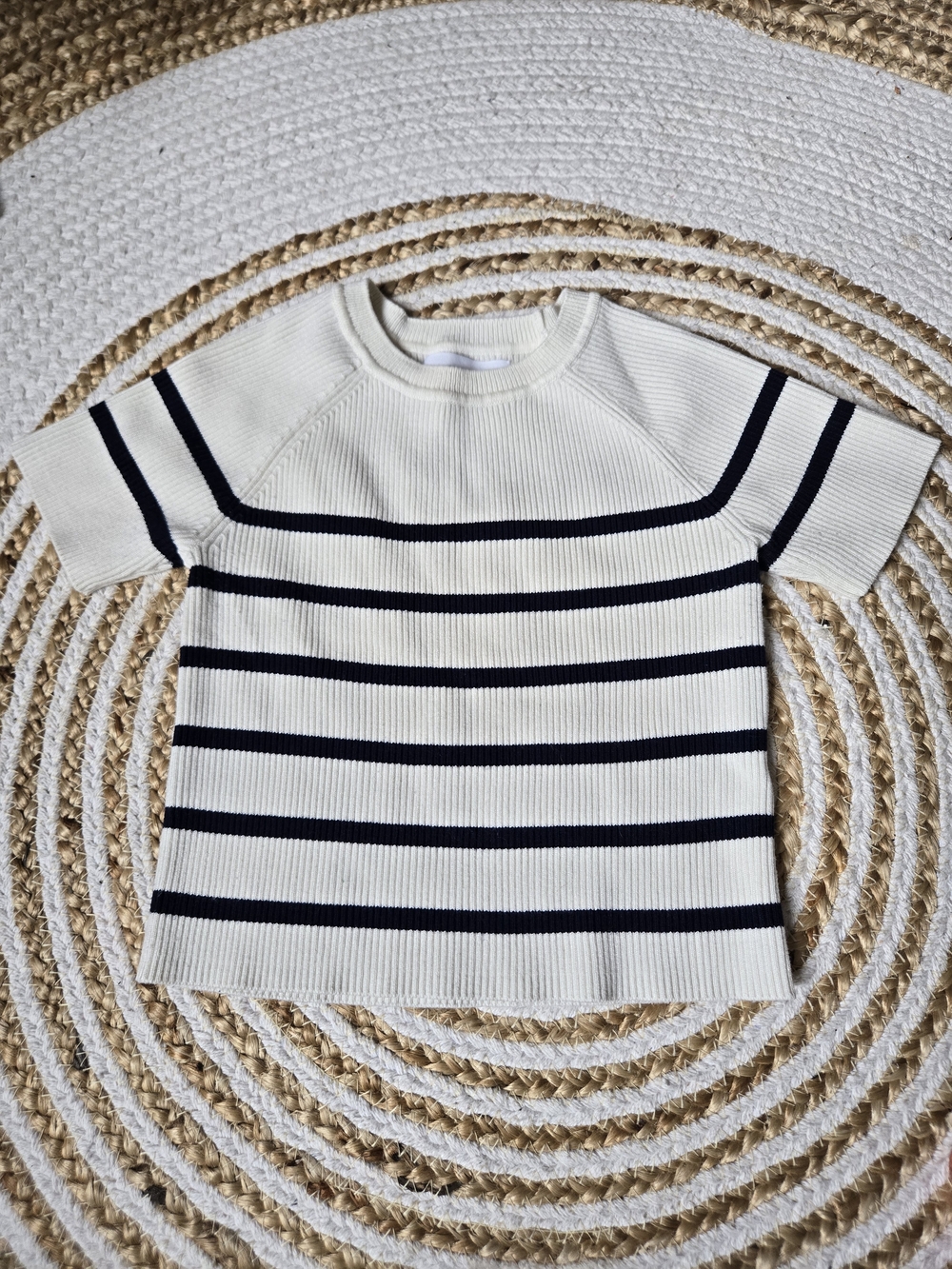 Zara Cream Short Sleeve Knit Top with Navy Stripes classic Rib